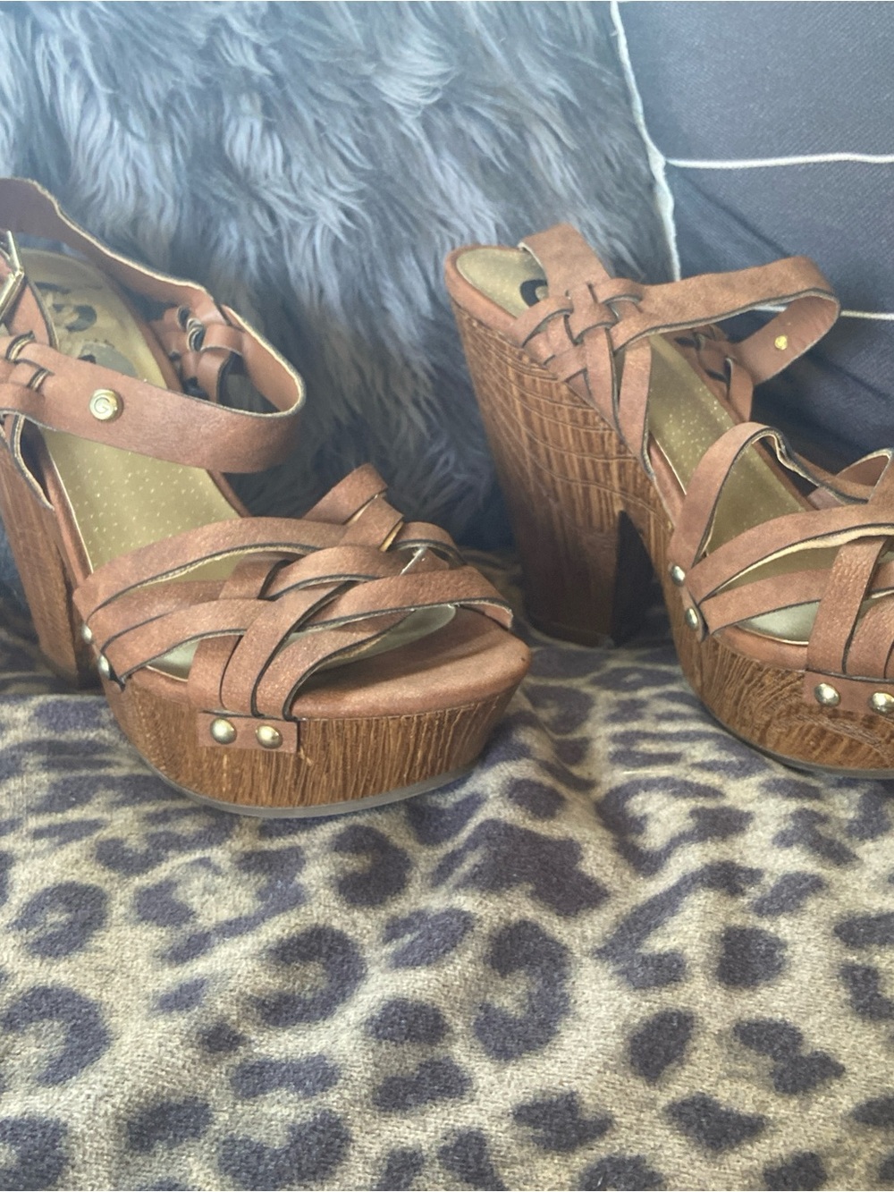 Guess Tan Brown Strappy Platform Wedge Sandals